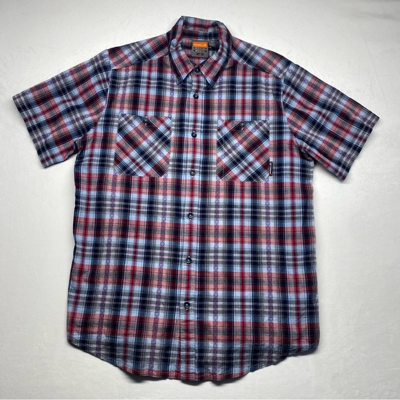 Merrell Plaid Red And Blue Men’s Button Up Short Sleeve Shirt Size Large UPF 20+ - Picture 1 of 7